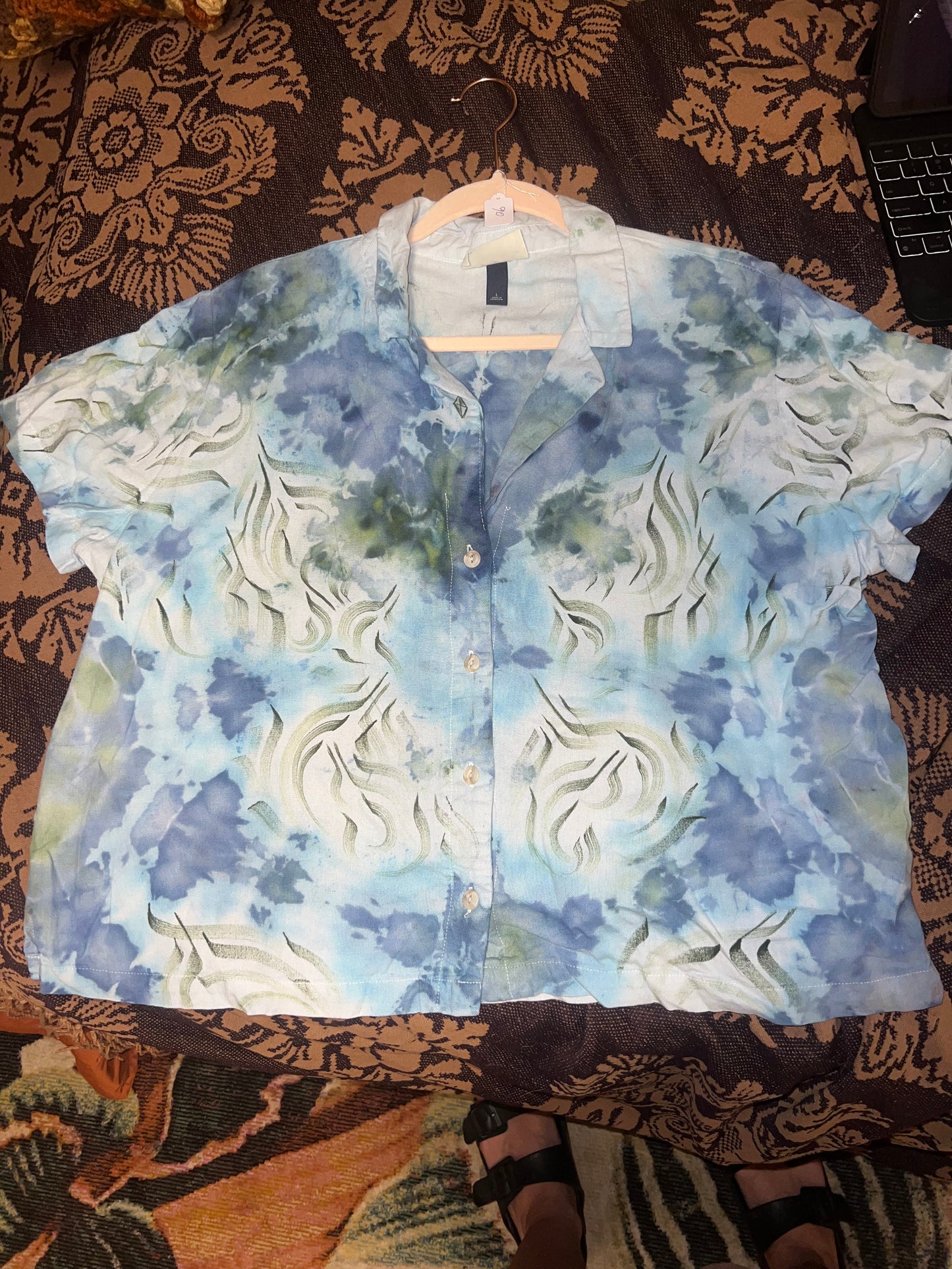 *Hand painted cropped button up blue - Large by SEIP (Apparel)