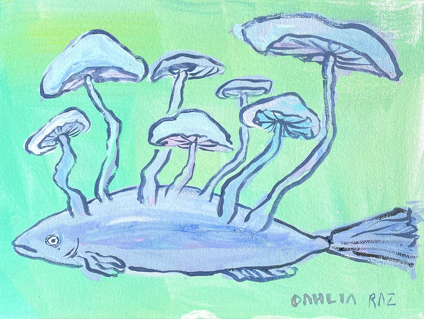 *Blue Mushroom Fish - 9 x 12 by Dahlia Raz (Original)