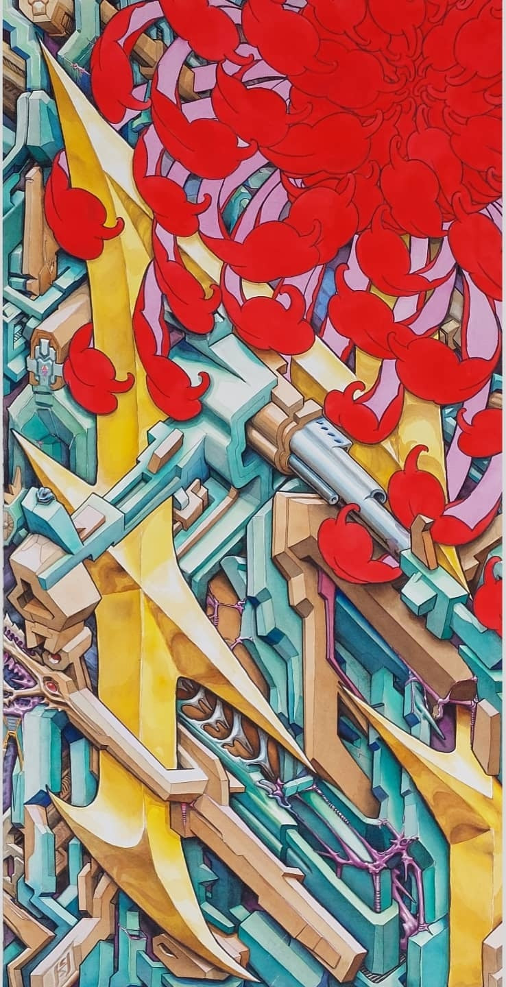 *Red mum cascade - 40 x 20 by James Hicks (Original)