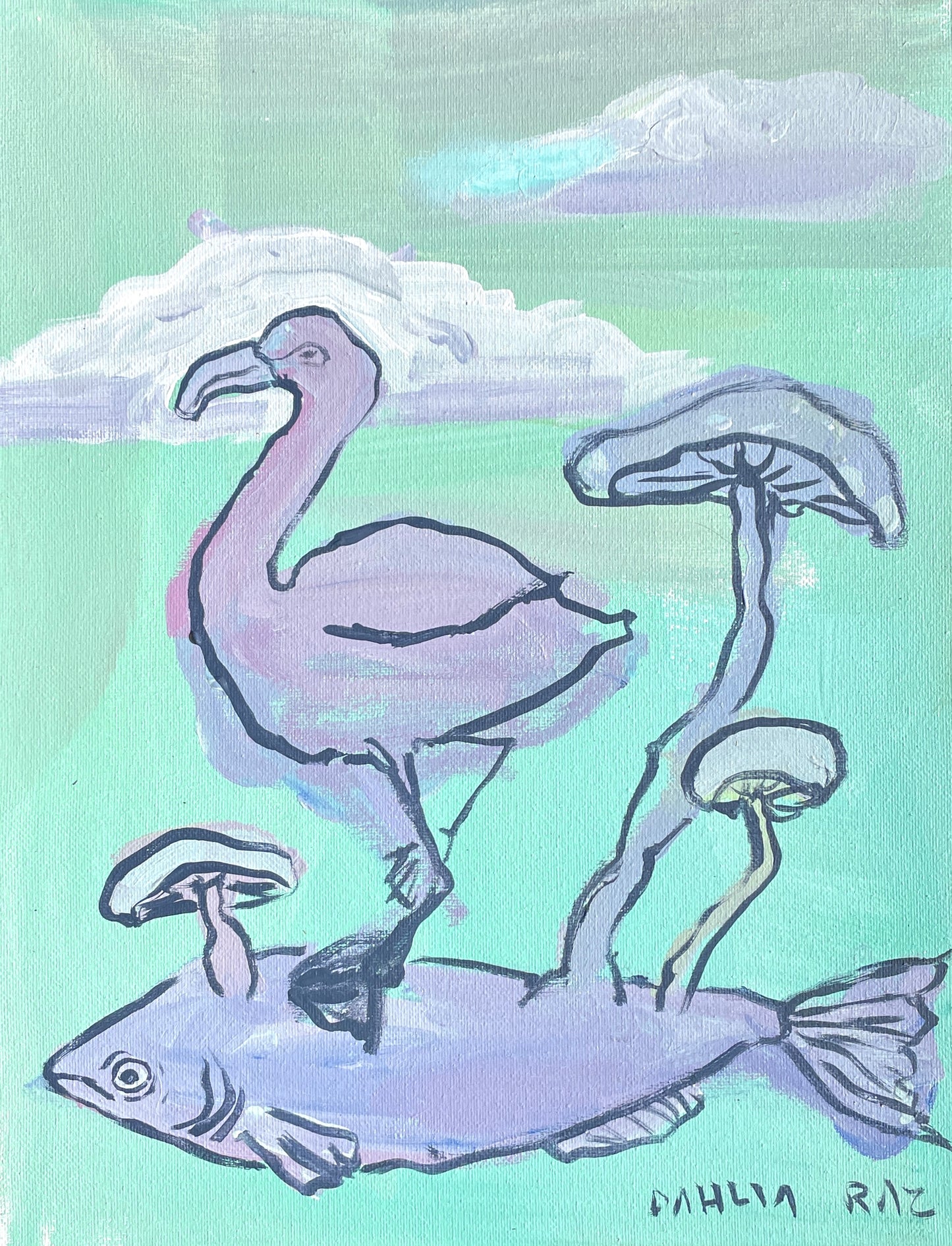 *Flamingo and Fish Friends - 14 x 11 by Dahlia Raz (Canvas Print)