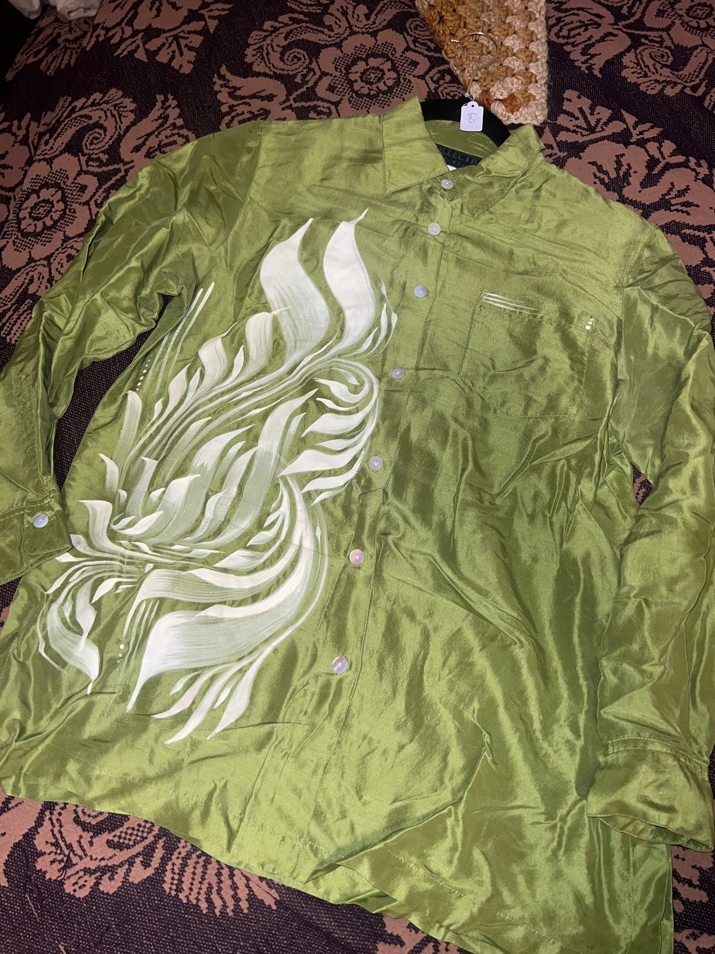 *Green silk button down shirt hand painted - Medium by SEIP (Apparel)