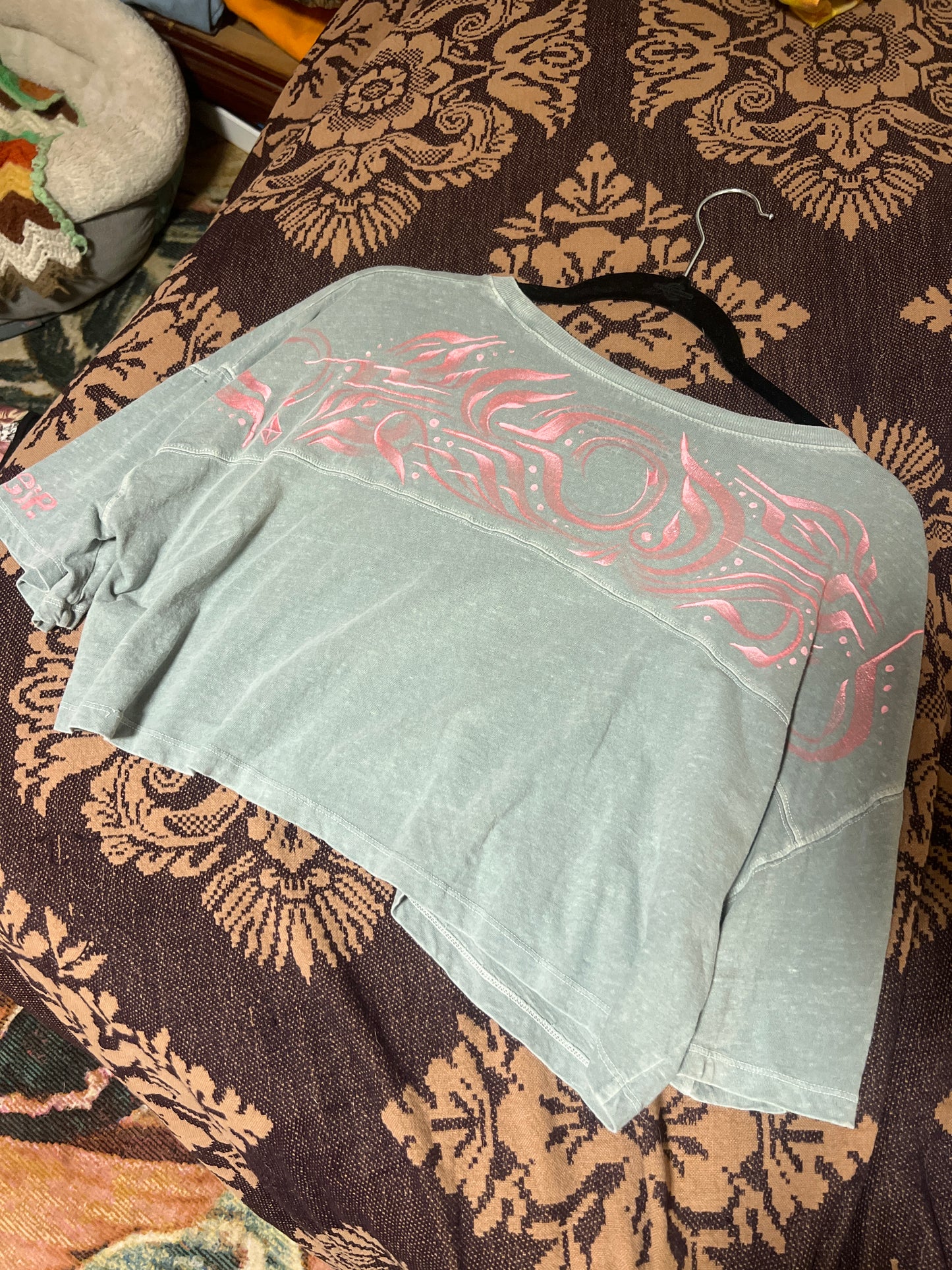 *Teal and pink hand painted crop top T  - Small by SEIP (Apparel)